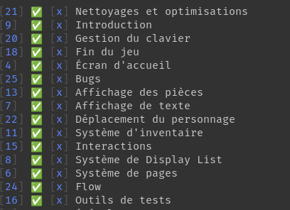 Liste terminée des fonctions du jeu.